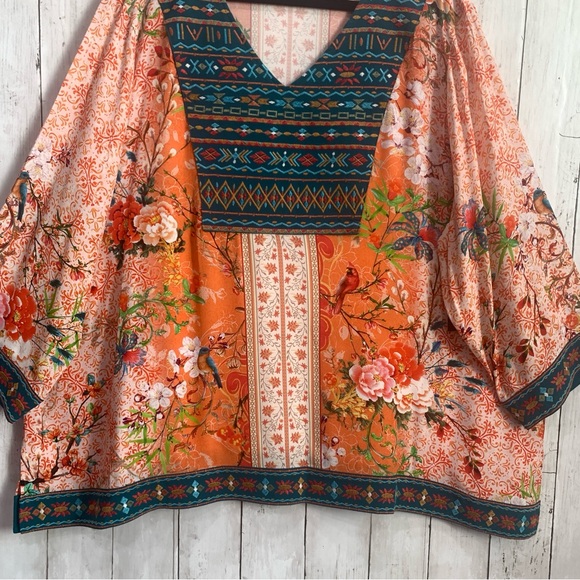 New John Mark Embroidered V-Neck 3/4 Sleeve Tunic Boho Western Top 2X Bird Print - Picture 4 of 16